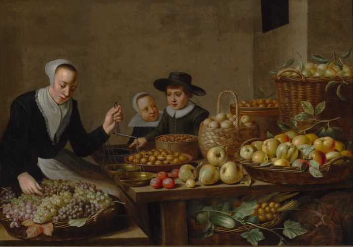 Floris van Schooten, Stragan z warzywami i owocami, sztuka niderlandzka, XVII w., malarstwo barokowe, złoty wiek, Niezła Sztuka