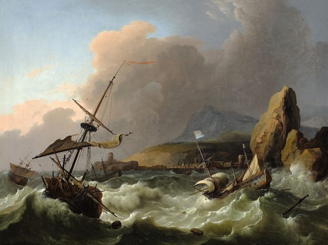 Ludolf Backhuysen, Sea Storm, sztuka niderlandzka, XVII w., malarstwo barokowe, złoty wiek, Niezła Sztuka