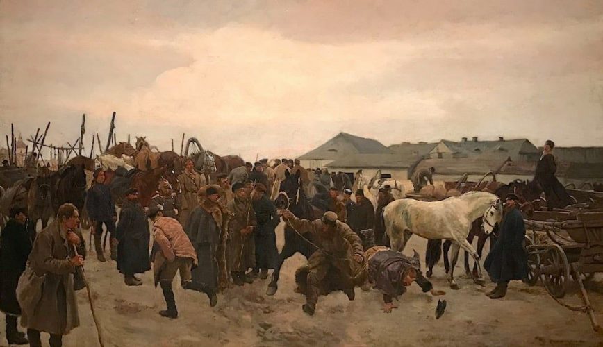 Józef Chełmoński, Jarmark. Sprzedaż konia, malarstwo polskie, scena rodzajowa, sztuka XIX w., Niezła Sztuka
