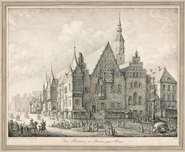 Heinrich Mützel, Ratusz we Wrocławiu - widok od południowego wschodu, rysunek, sztuka XIX w., Niezła Sztuka