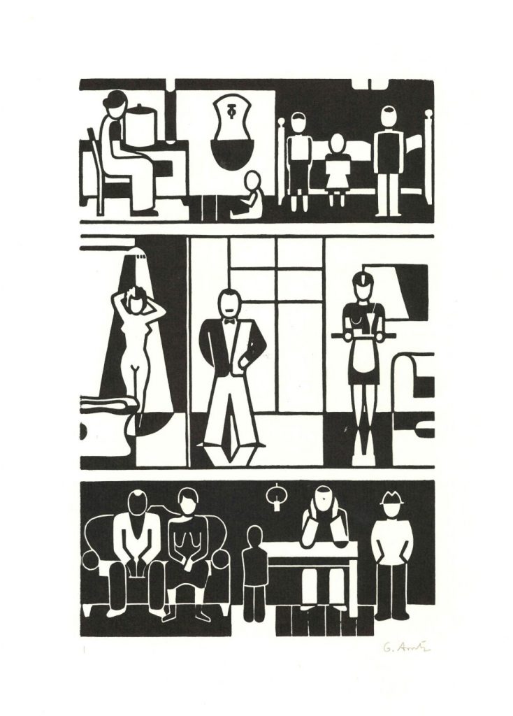 Gerd Arntz, Zwölf Häuser aus der Zeit, Wohnhaus (z cyklu Dwanaście domów z epoki: Dom mieszkalny), grafika, sztuka niemiecka, niezła sztuka