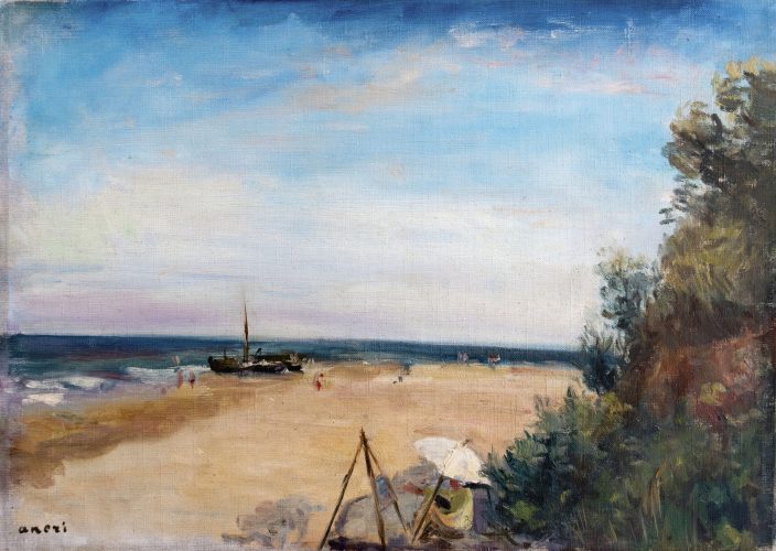 Aneri Irena Weiss, Wojciech Weiss malujący na plaży. (Pracownia na plaży), malarstwo, niezła sztuka