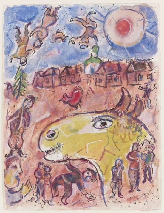 Marc Chagall, Żółty koziołek na wsi (Le bouc jaune au village), wersja do Les Poemes , malarstwo, sztuka współczesna, niezła sztuka