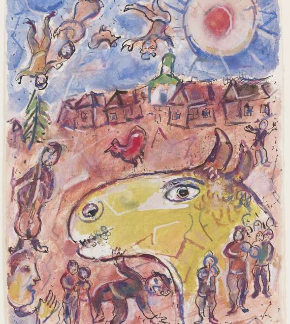 Marc Chagall, Żółty koziołek na wsi (Le bouc jaune au village), wersja do Les Poemes , malarstwo, sztuka współczesna, niezła sztuka