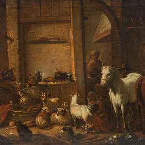 Szkoła Philippa Petera Roosa, Wnętrze stajni z kuchnią, malarstwo, sztuka XVII w., niezła sztuka