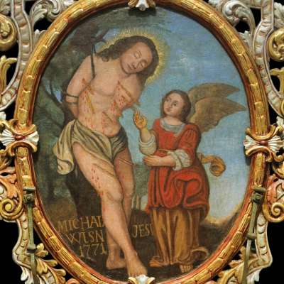 Święty Sebastian i anioł wyciągający strzały z jego ciała , feretron, malarstwo, sztuka XVIII w., niezła sztuka