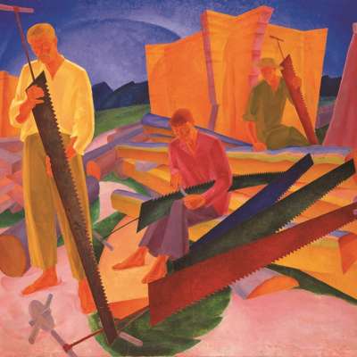 Ołeksandr Bohomazow, Ostrzenie pił, malarstwo, olej na płótnie, sztuka XX w., sztuka Ukrainy, niezła sztuka