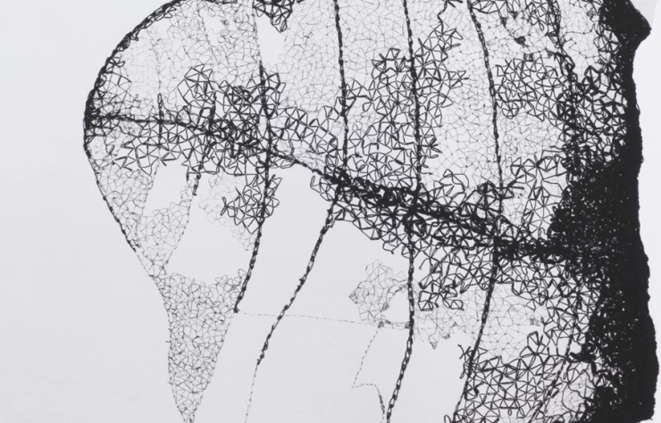 Dorota Grynczel, Kompozycja 5, haft, tiul, materiał, form, rysunek, niezła sztuka