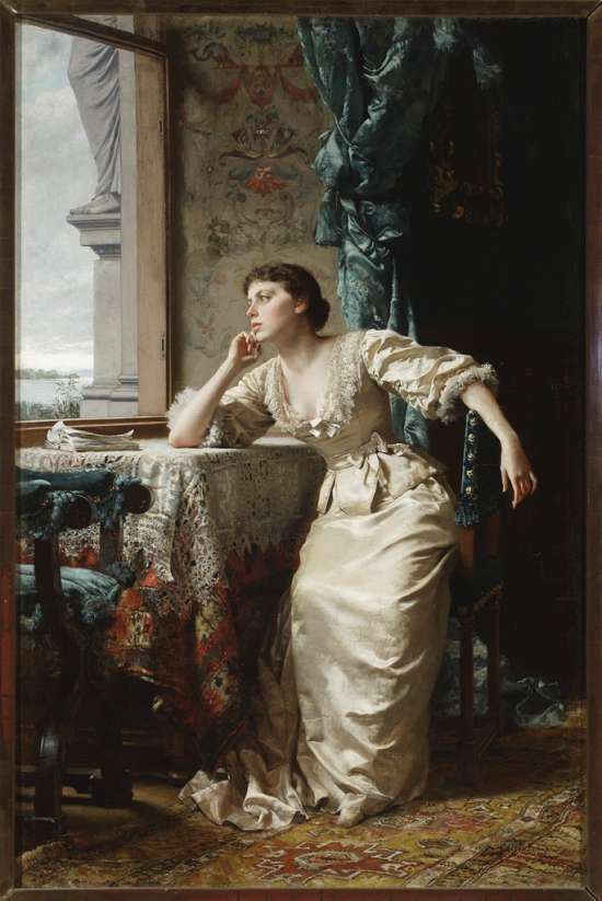 Władysław Czachórski, Zadumana, malarstwo, sztuka polska, sztuka XIX w., portret, kobieta, wnętrze, niezła sztuka