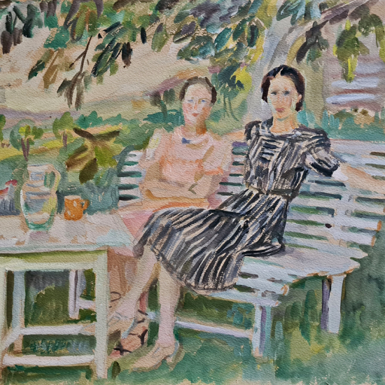 Maria Gabryel-Rużycka, Portret kobiet w plenerze II, portret, plener, pejzaż, malarstwo, tempera, sztuka polska, sztuka XX w., niezła sztuka