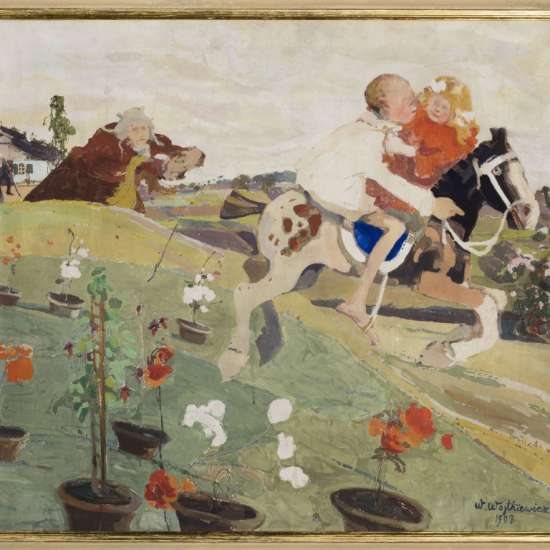 Witold Wojtkiewicz, Porwanie królewny (Ucieczka) z cyklu Z dziecięcych póz , malarstwo, sztuka polska, sztuka współczesna, niezła sztuka