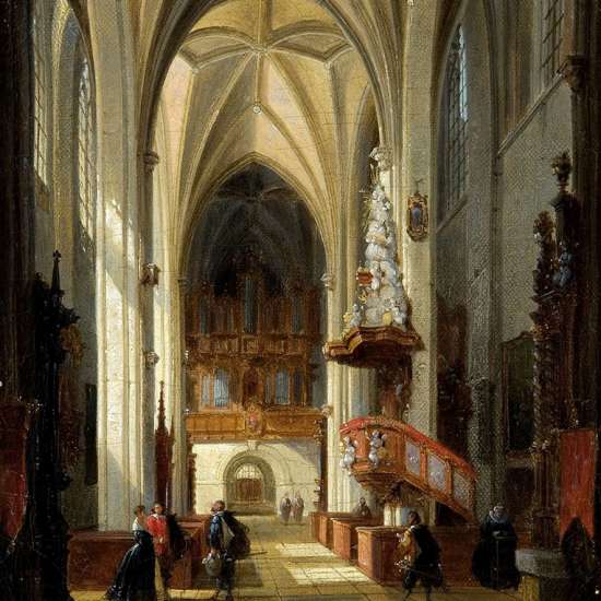 Emile de Cauwer, Wnętrze kościoła NMP na Piasku we Wrocławiu, malarstwo, miniatura, malarstwo rodzajowe, sztuka XIX w., niezła sztuka