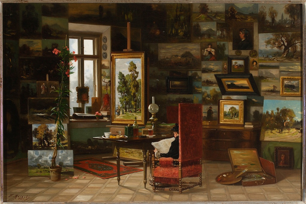 Władysław Malecki, Wnętrze pracowni, wnętrze malarstwo, olej na płótnie, sztuka XIX w., malarstwo polskie, niezła sztuka