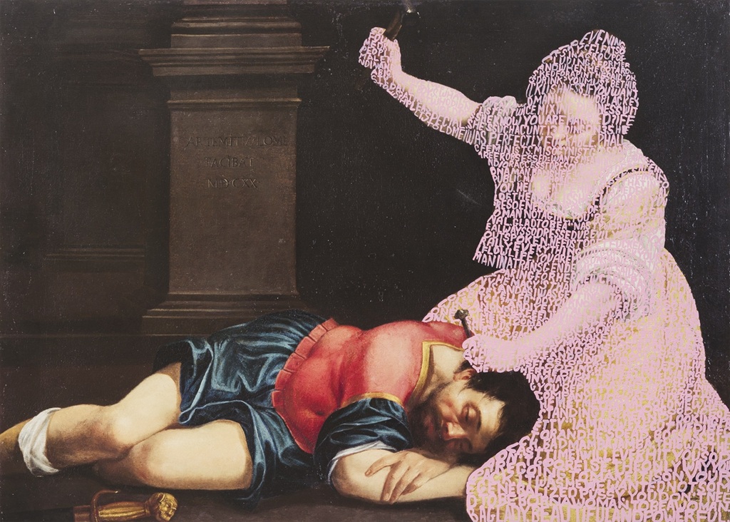 Betty Tompkins, Women Words Painting (Artemisia Gentileschi #2), malarstwo, sztuka współczesna, sztuka kobiet, portret, sztuka dawna, niezła sztuka