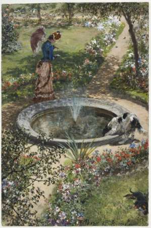 Adolph Menzel, Kobieta spacerująca wokół fontanny w ogrodzie zdrojowym w Kissingen, malarstwo, sztuka XIX w,, sztuka niemiecka, niezła sztuka