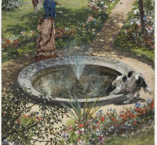 Adolph Menzel, Kobieta spacerująca wokół fontanny w ogrodzie zdrojowym w Kissingen, malarstwo, sztuka XIX w,, sztuka niemiecka, niezła sztuka