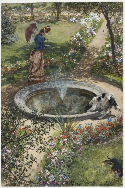 Adolph Menzel, Kobieta spacerująca wokół fontanny w ogrodzie zdrojowym w Kissingen, malarstwo, sztuka XIX w,, sztuka niemiecka, niezła sztuka