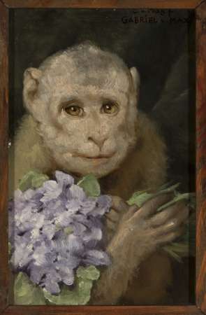Gabriel Max, Małpa z bukiecikiem fiołków, malarstwo, sztuka XIX w., zwierzę, niezła sztuka