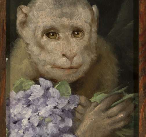 Gabriel Max, Małpa z bukiecikiem fiołków, malarstwo, sztuka XIX w., zwierzę, niezła sztuka