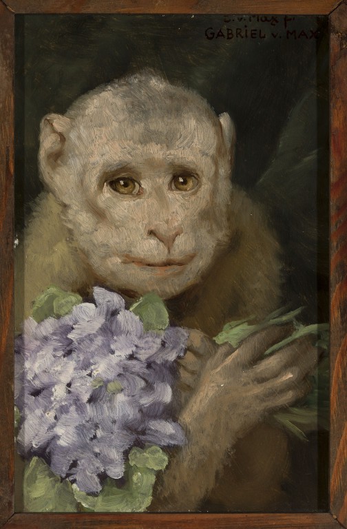 Gabriel Max, Małpa z bukiecikiem fiołków, malarstwo, sztuka XIX w., zwierzę, niezła sztuka