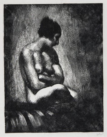 Wojciech Weiss, Akt przy wieczornym świetle, akt, portret, kobieta, drzeworyt, grafika, sztuka polska, sztuka XX w., niezła sztuka