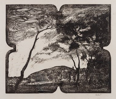 Wojciech Weiss, Kalwaria po burzy, grafika, drzeworyt, pejzaż, sztuka polska, sztuka XX w., niezła sztuka