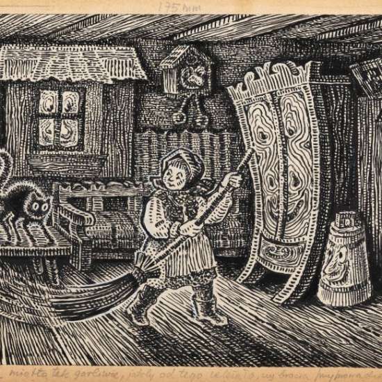 Witold Chomicz, Zosia zamiatająca izbę, ilustracja, grafika, gwasz, sztuka polska, niezła sztuka